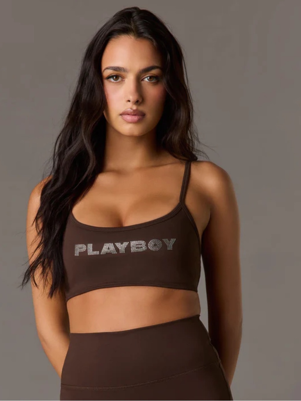 PLAYBOY RHINESTONE BROWN SPORT BRA PADDED NWT SIZE L